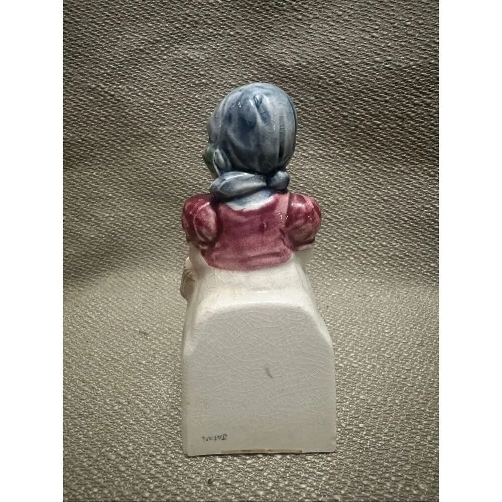 Vintage Occupied Japan Girl in Bonnet Sitting Bookend Porcelain Figure 6.25”